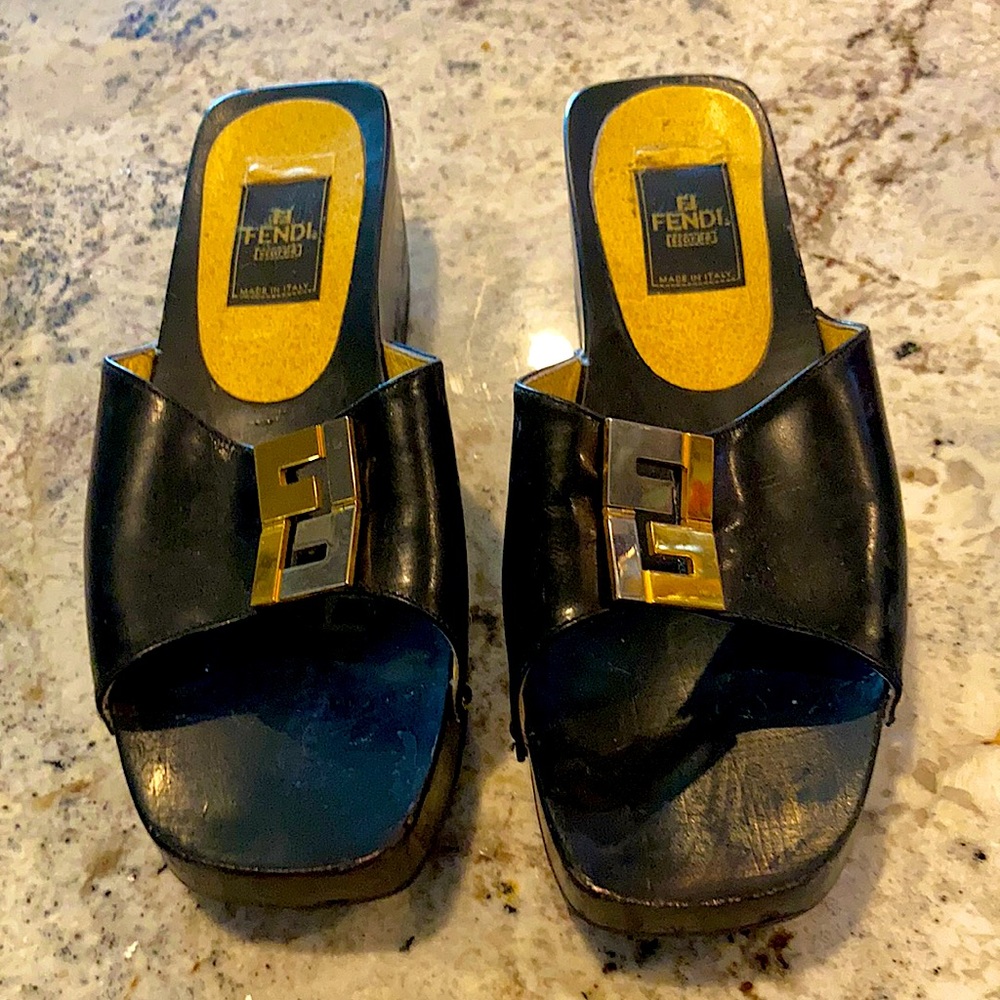 Size 7.5 Fendi sandals black w gold tone initials